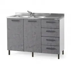 Sottolavello con cassettiera 120x50x85H cemento con lavello 2 vasche e gocciolatoio destro lavello incluso