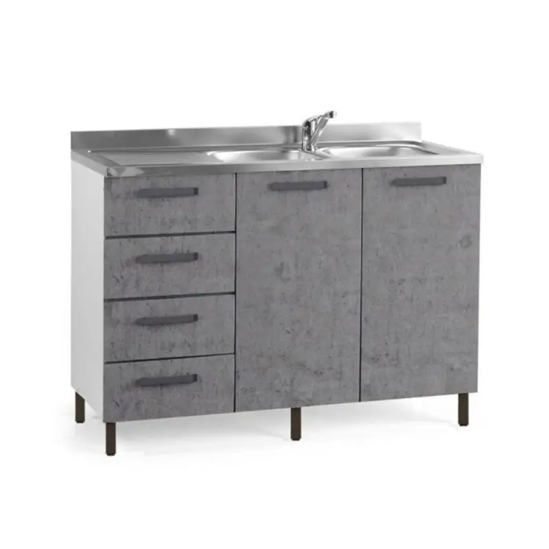 Sottolavello con cassettiera 120x50x85H cemento con lavello 2 vasche e gocciolatoio sinistro lavello incluso