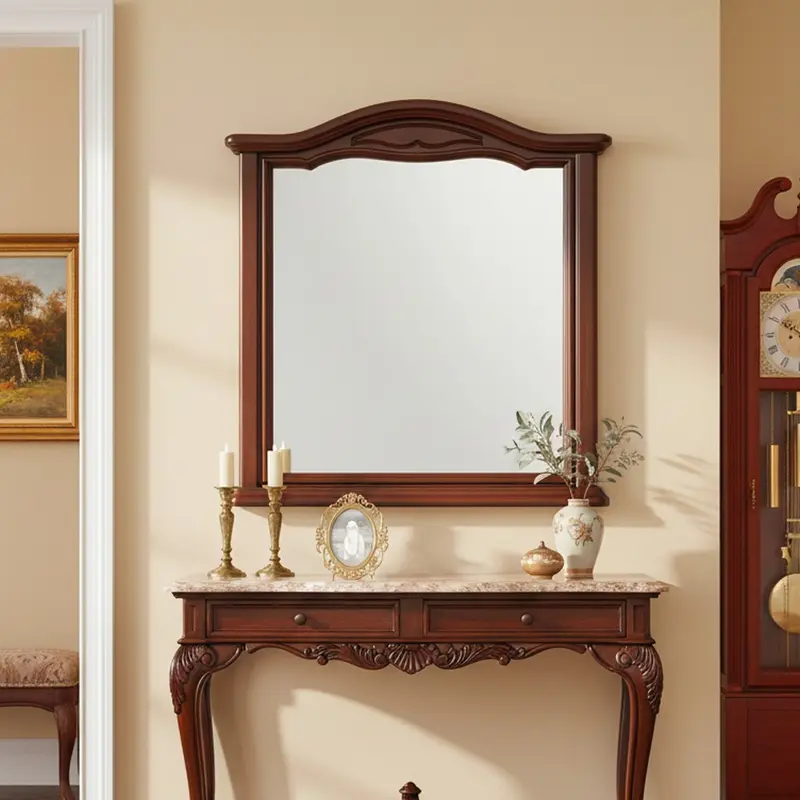 Specchiera classica Cloe con cornice con dettagli sagomati e finiture decorative noce