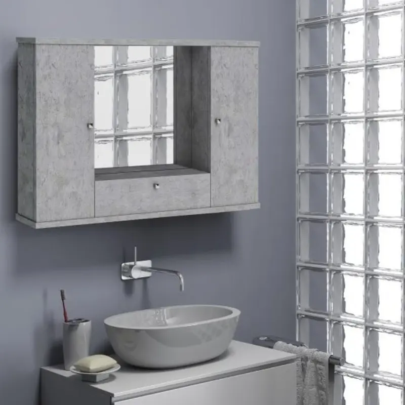 Specchiera mobile bagno pensile 2 ante e ribalta cemento