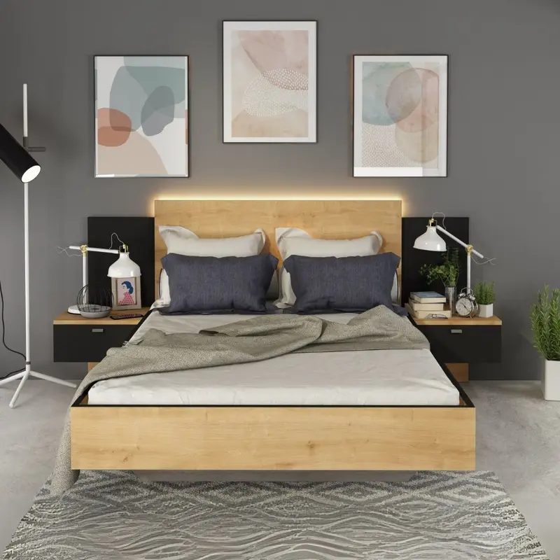 Struttura letto alla francese 1517 con comodini integrati colore rovere e nero