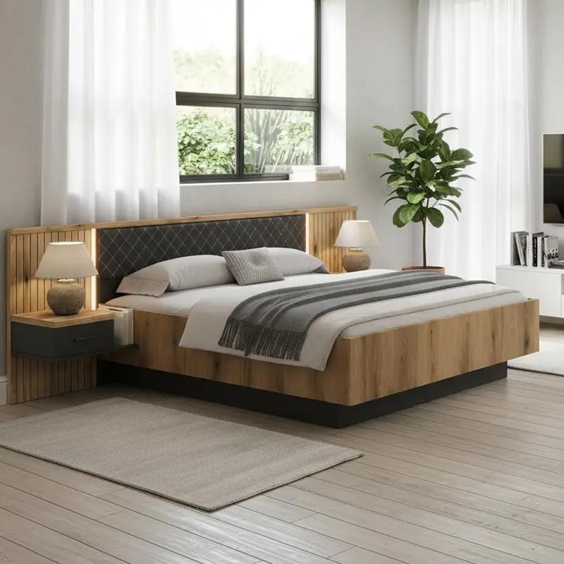 Struttura letto matrimoniale Esteban296 con testiera a boiserie dogata con luci LED e comodini integrati in rovere e antracite