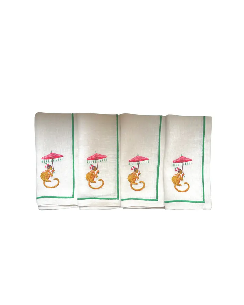 Sveva's Home Linen Embroidered Green Monkeys Napkins Set of 4