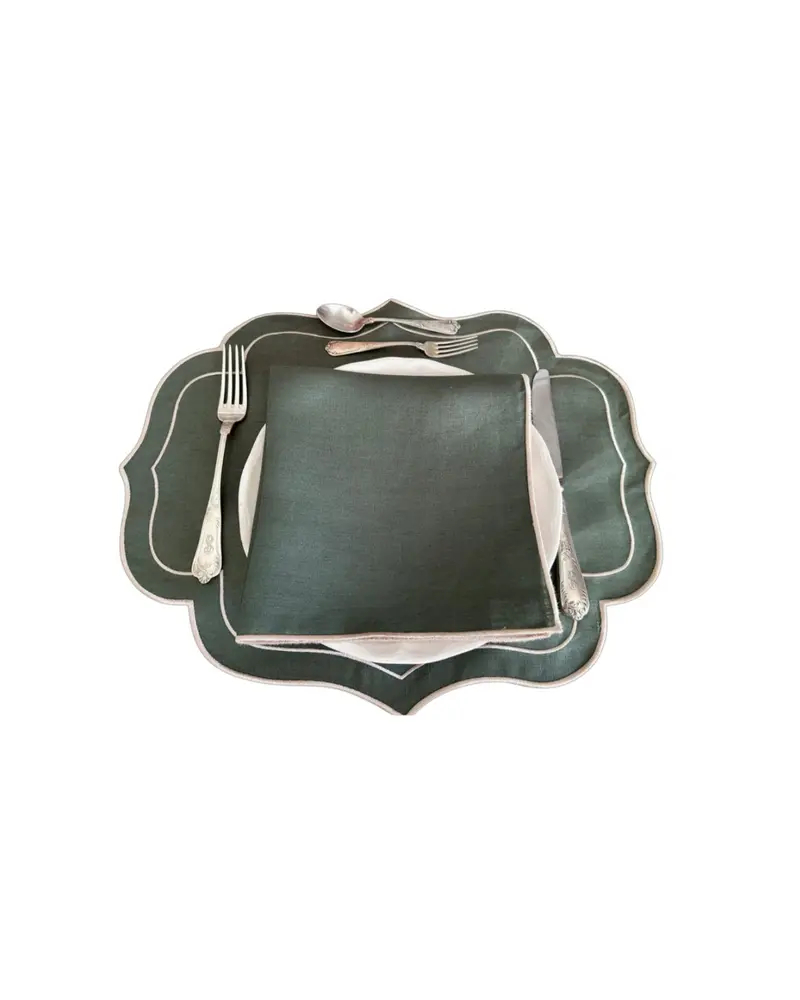 Sveva's Home Linen Embroidered Placemats & Napkins Forest Green Set of 4