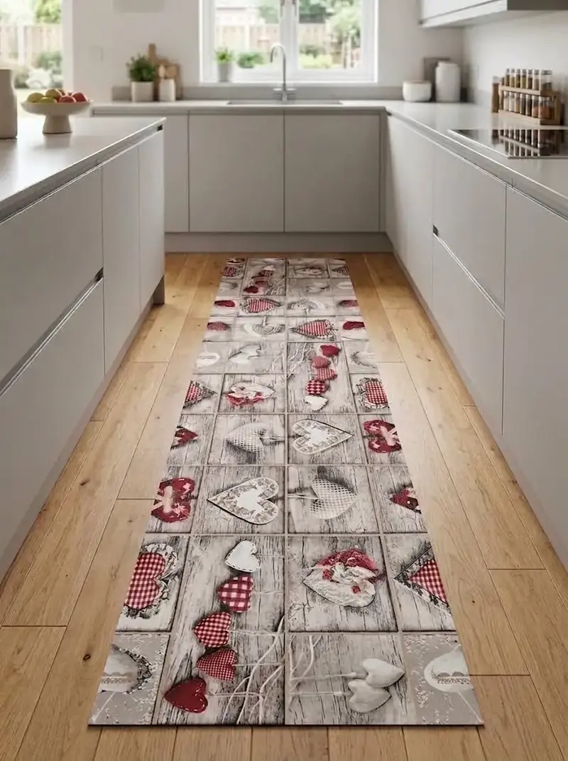 Tappeto al Taglio Lavabile – Fantasia Cuori Country Rossi su Legno