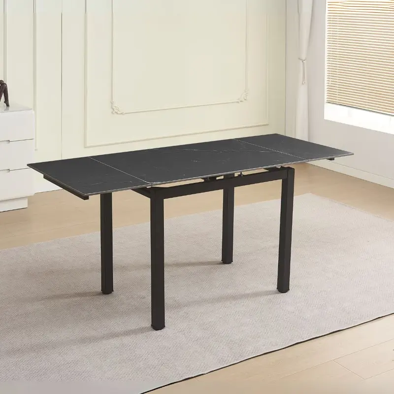 Tavolo allungabile Kyoto con piano in ceramica effetto marmo nero ardesia opaco e struttura in metallo nero