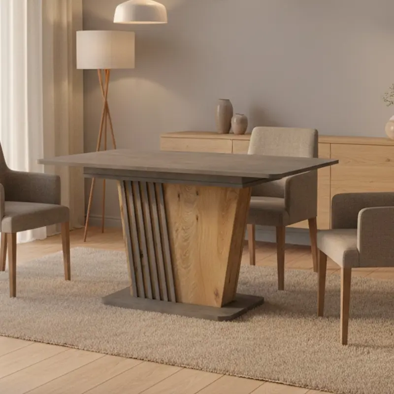 Tavolo allungabile Luna con piano e base colore cemento e gamba in rovere con dettaglio listellare