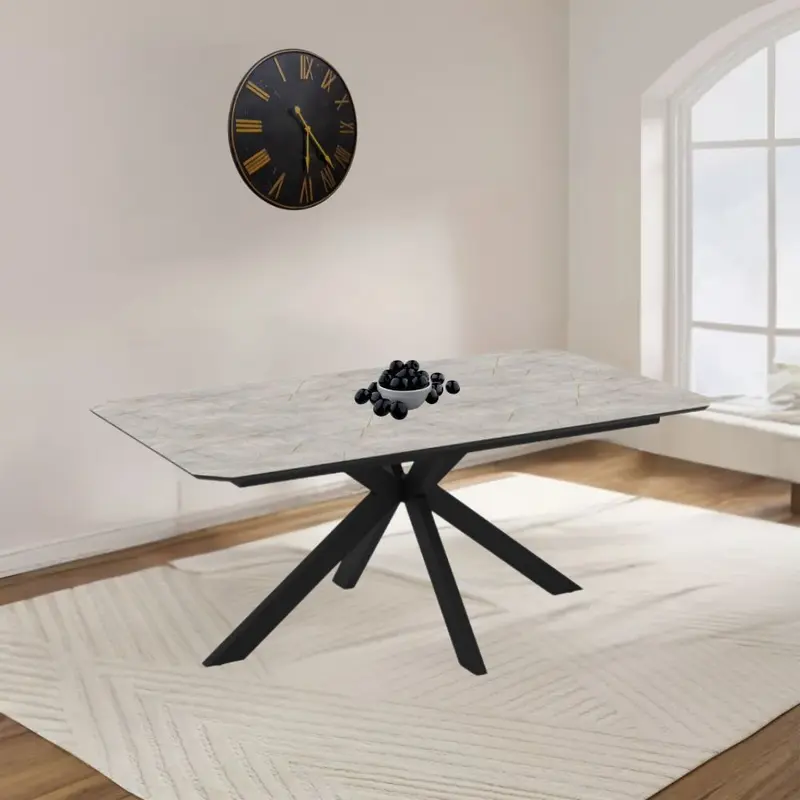 Tavolo allungabile Opera in piano lagina effetto marmo grigio opaco e struttura in metallo nero