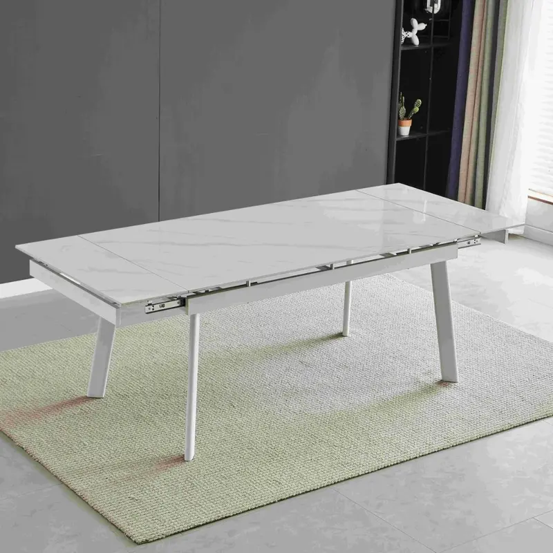 Tavolo allungabile Presena in ceramica colore bianco effetto marmo lucido e gambe metallo bianche