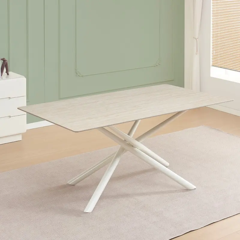 Tavolo fisso Corveo con piano colore travertino e struttura in metallo bianco