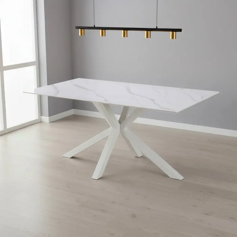 Tavolo fisso Hunter con piano in ceramica effetto marmo bianco opaco e gambe bianche