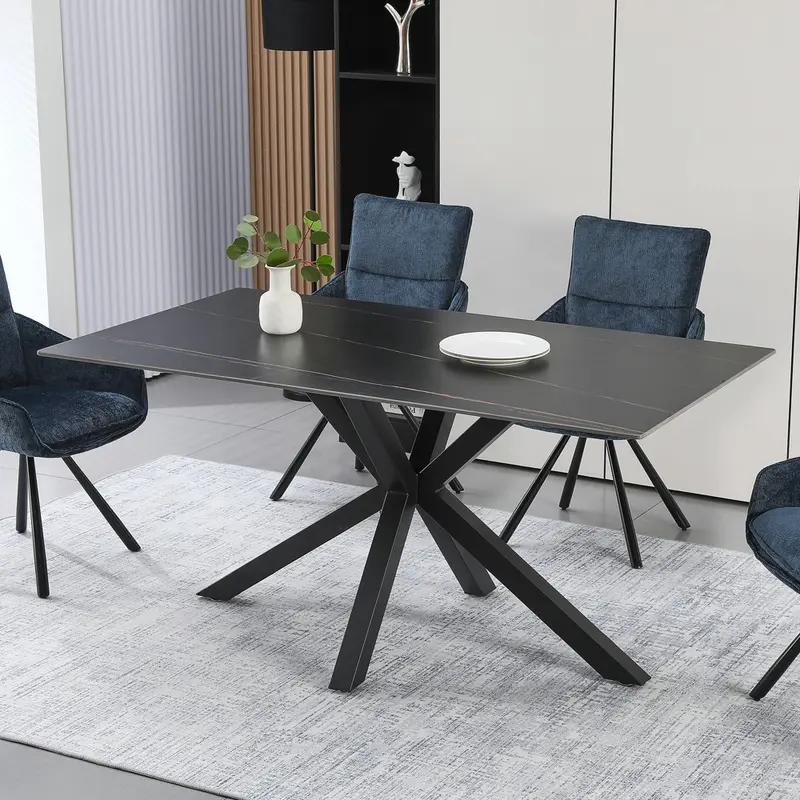 Tavolo fisso Hunter con piano in ceramica effetto marmo nero con venature oro opaco e gambe nere
