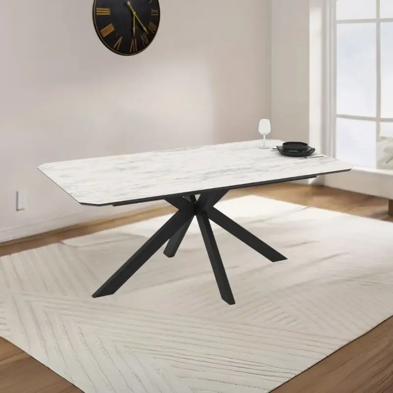 Tavolo fisso Opera con piano effetto marmo bianco opaco e struttura in metallo nero