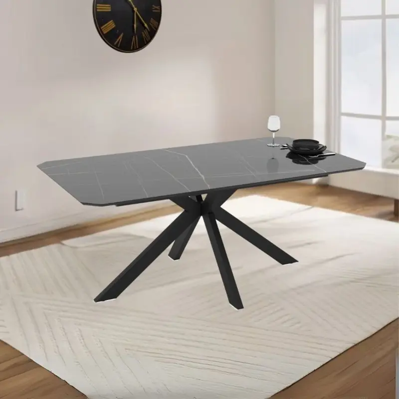 Tavolo fisso Opera con piano effetto marmo nero gold lucido e struttura in metallo nero
