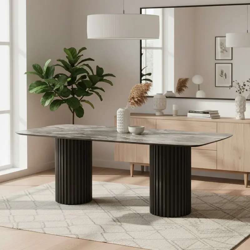 Tavolo fisso Oslo con piano effetto marmo nero arabesque e struttura in legno nero