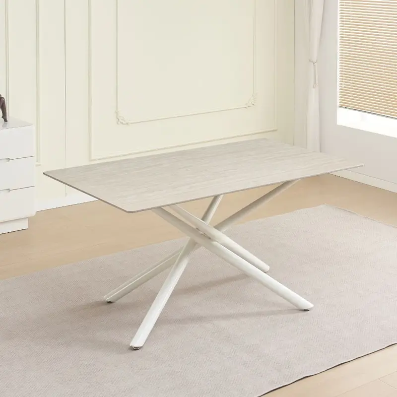 Tavolo fisso Sand con piano in ceramica beige opaco e struttura in metallo bianco