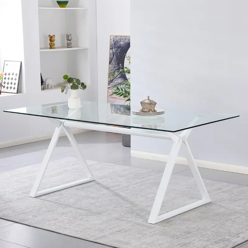 Tavolo fisso Skylar 180x90 cm. con piano in vetro temperato e gambe bianche