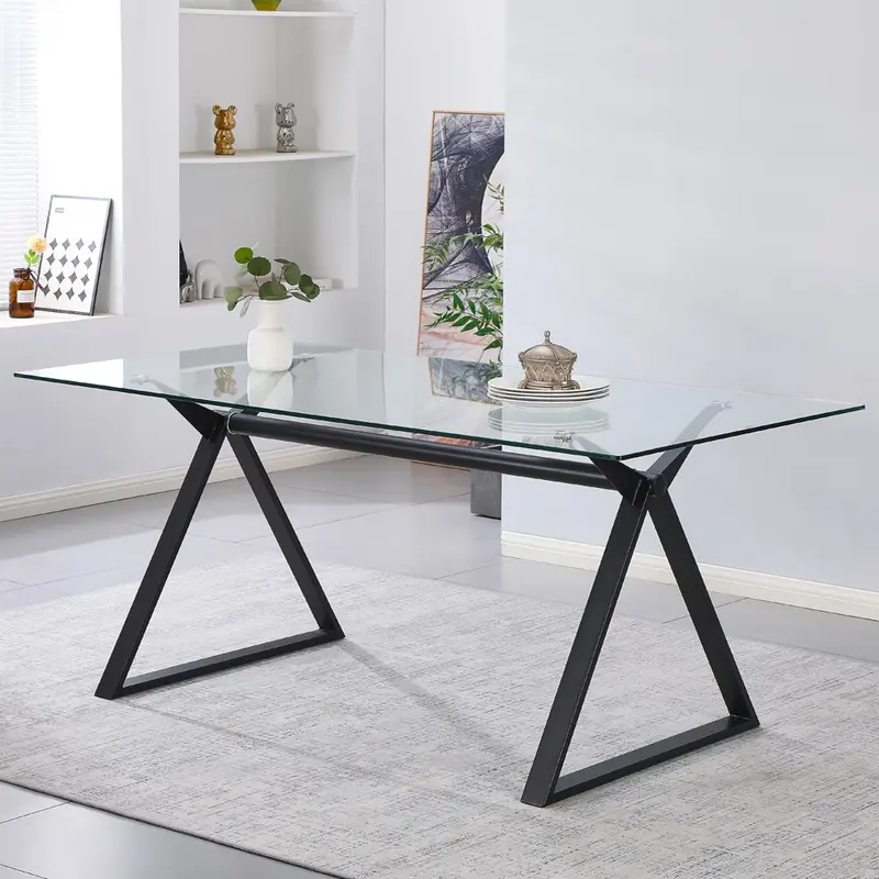 Tavolo fisso Skylar 180x90 cm. con piano in vetro temperato e gambe nere
