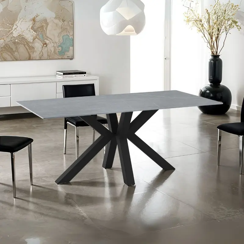 Tavolo Germany 180x90 piano ceramica effetto marmo grigio opaco e gambe nere