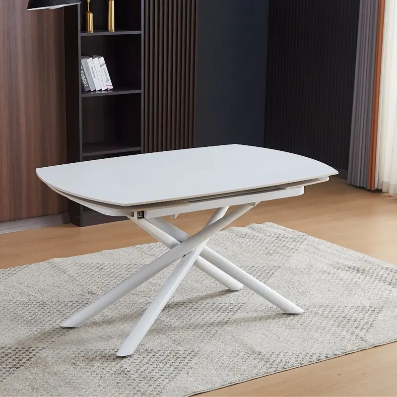 Tavolo girevole automatico allungabile Astrid con piano in ceramica bianco opaco con gambe colore bianco
