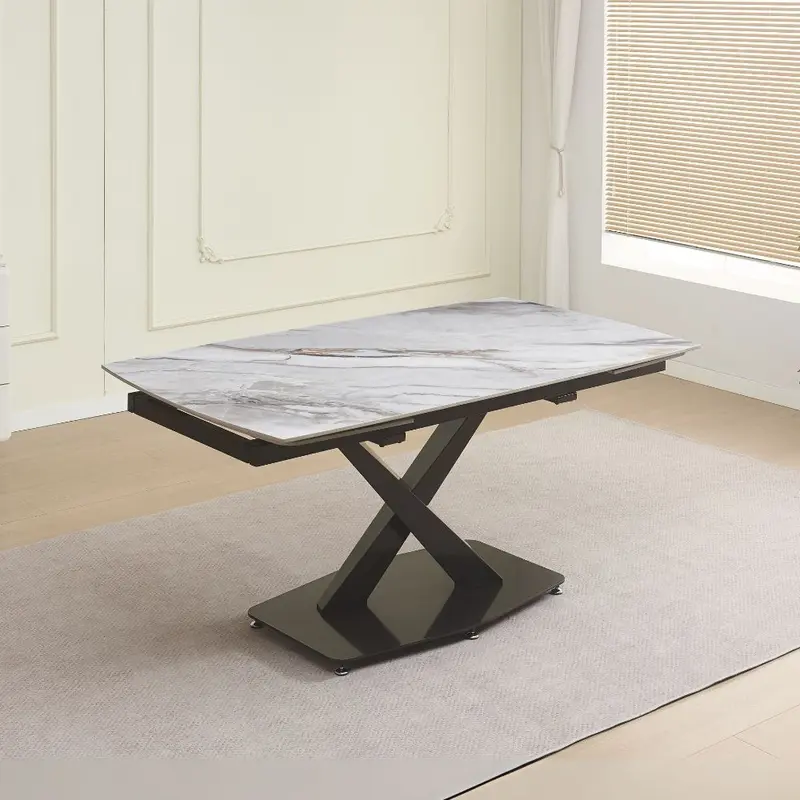 Tavolo Moritz con piano in ceramica effetto marmo bianco M325 lucido e gambe in metallo titanio lucido