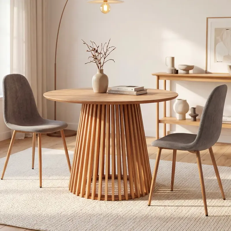 Tavolo rotondo Garle 81A con base cannettata in legno naturale