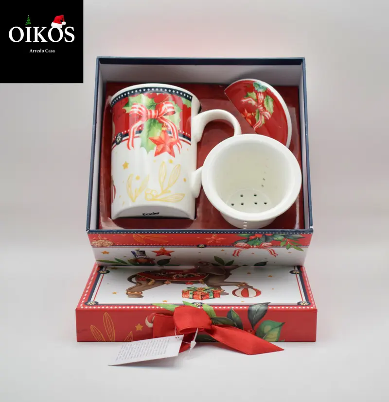 Tazza MUG Natalizia tisana con Filtro - in Porcellana - Completa di BOX regalo - M. 18X16.5X8