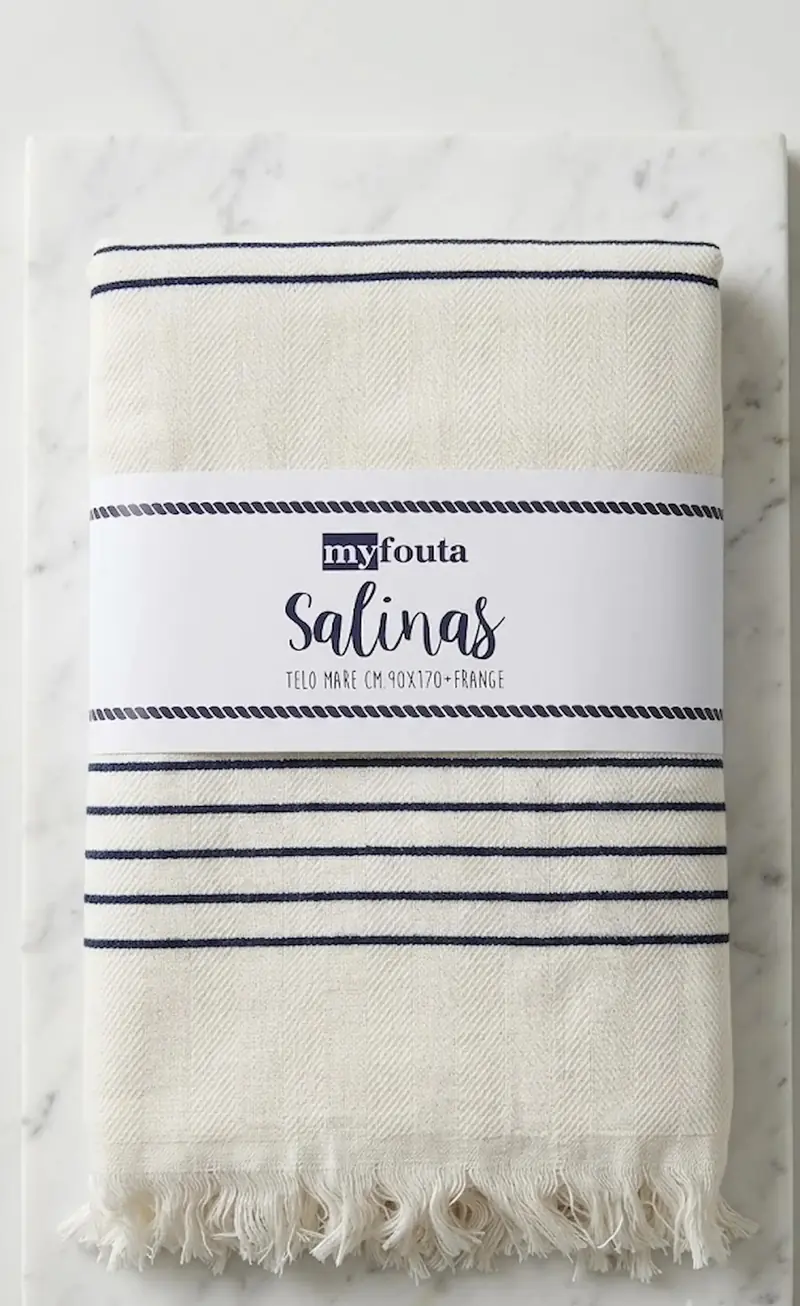 Telo Mare Fouta Salinas Bianco Strisce Blu Navy 90x170 cm con Frange – 95% Cotone