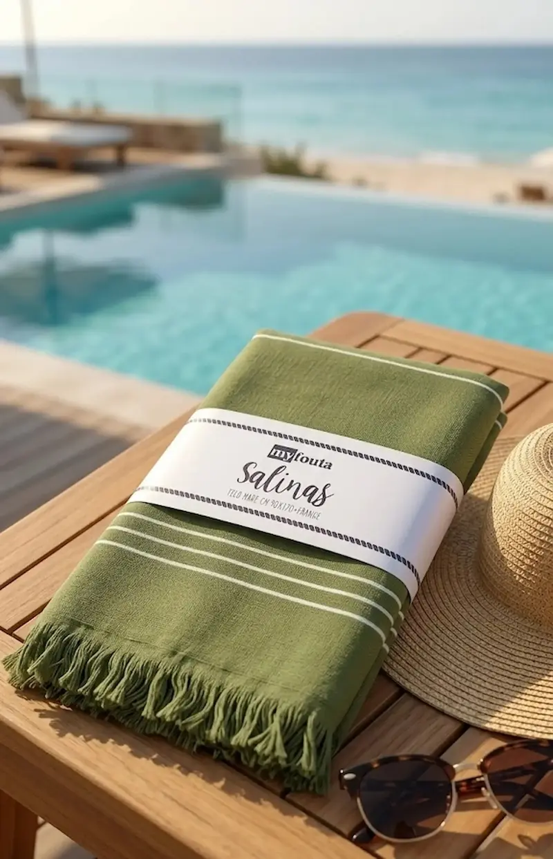 Telo Mare Fouta Salinas Verde Oliva 90x170 cm con Frange – 95% Cotone