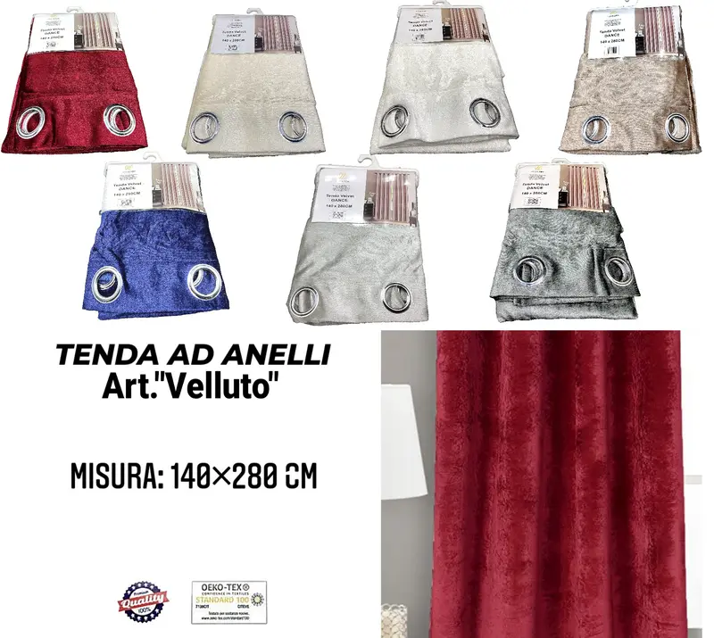 Tenda da Interno ad Anelli in Velluto Tinta Unita 140×280cm