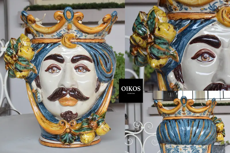 Testa di Moro Siciliana Uomo originale firmata Sofia h. 25 - decoro blu con limoni
