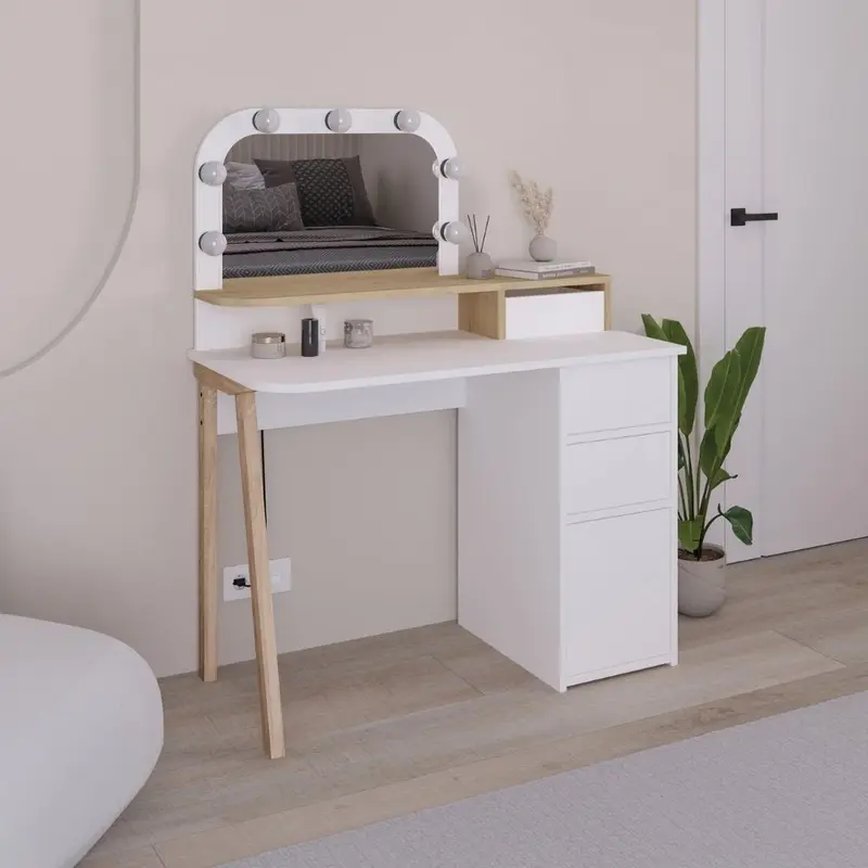 Toeletta Avien con specchio con cornice luci LED colore bianco e rovere