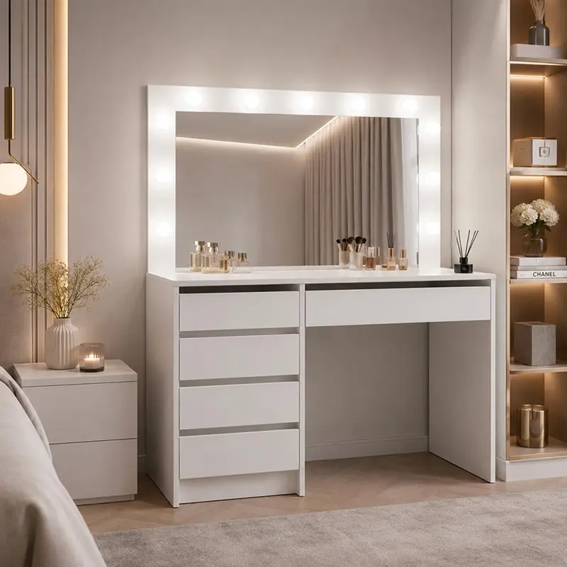 Toeletta Elite 5 cassetti con specchio con lampadine LED colore bianco opaco