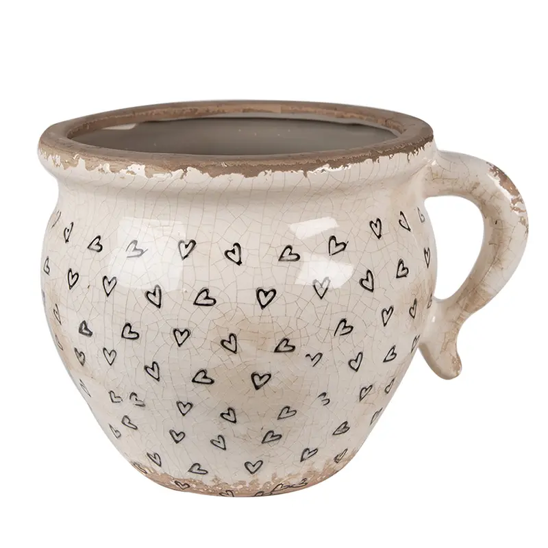 Vaso fiori Ceramica 17x14x12 cm Beige Nero Cuoricini