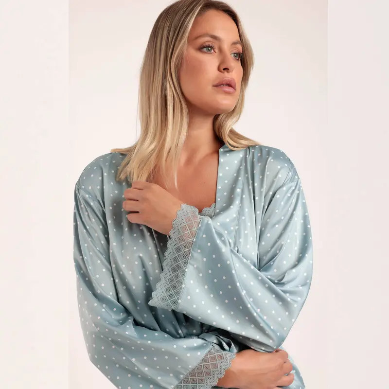 Vestaglia in raso con fantasia micropois e pizzo - 67108-0