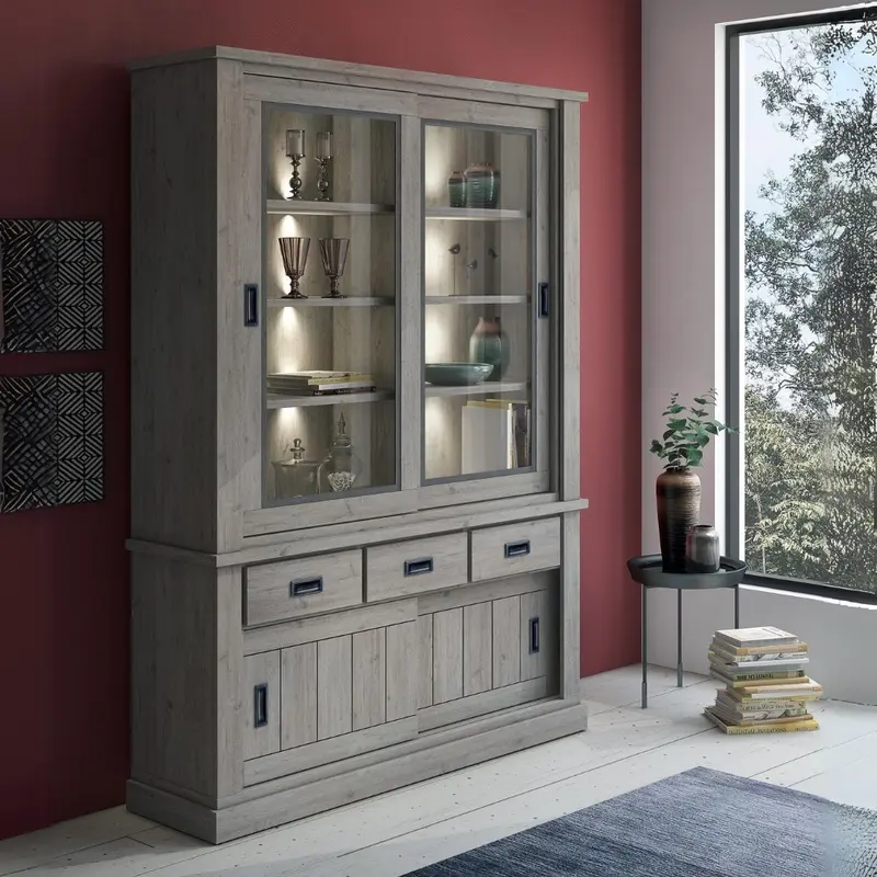 Vetrina Anthony67120 con 2 ante vetro e 3 cassetti colore ancona oak stile shabby