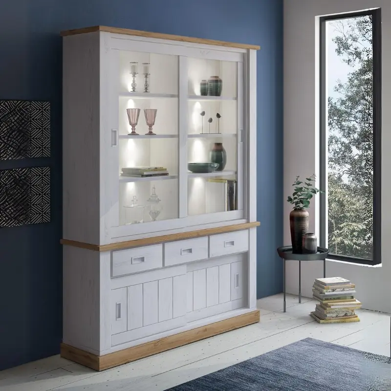 Vetrina Anthony67120 con 2 ante vetro e 3 cassetti colore rovere wotan e anderson pine stile shabby