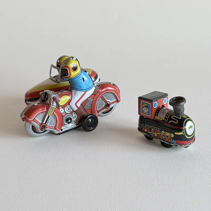 Vintage Tin Toy Set | Bike, Sidecar & Locomotive