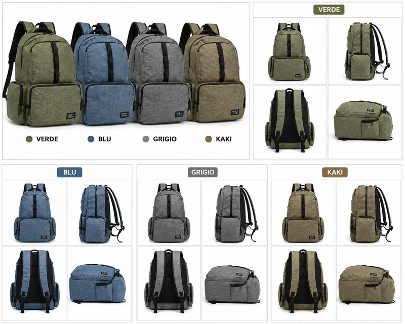 Zaino Multitasche con Ampia Capacità – Zaino Casual per Scuola, Università, Ufficio, Viaggi e Tempo Libero – Disponibile in Verde, Blu, Grigio e Kaki